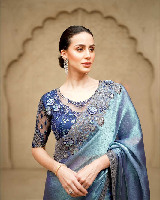 Metallic blue shimmer georgette party saree with embroidery by Rinaz