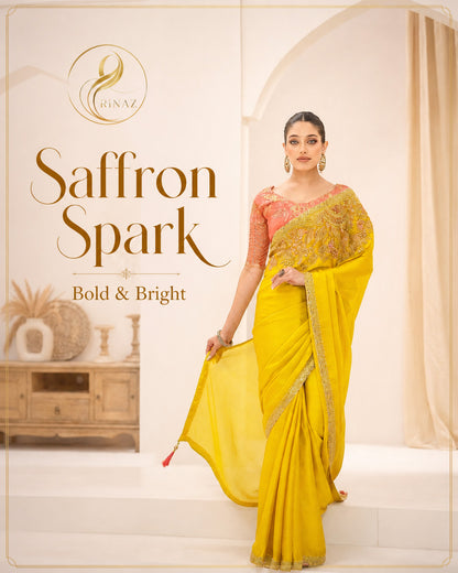 The Saffron Spark radiant yellow shimmer georgette saree for Eid and festive wear by Rinaz