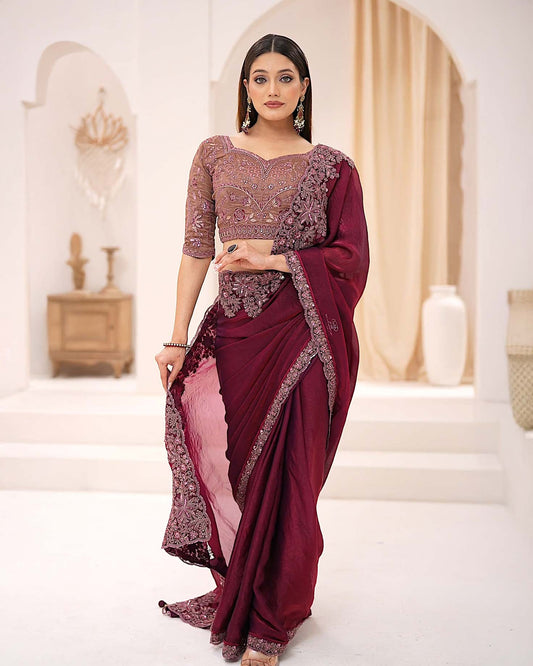 Deep crimson maroon shimmer georgette party saree with heavy embroidery by Rinaz