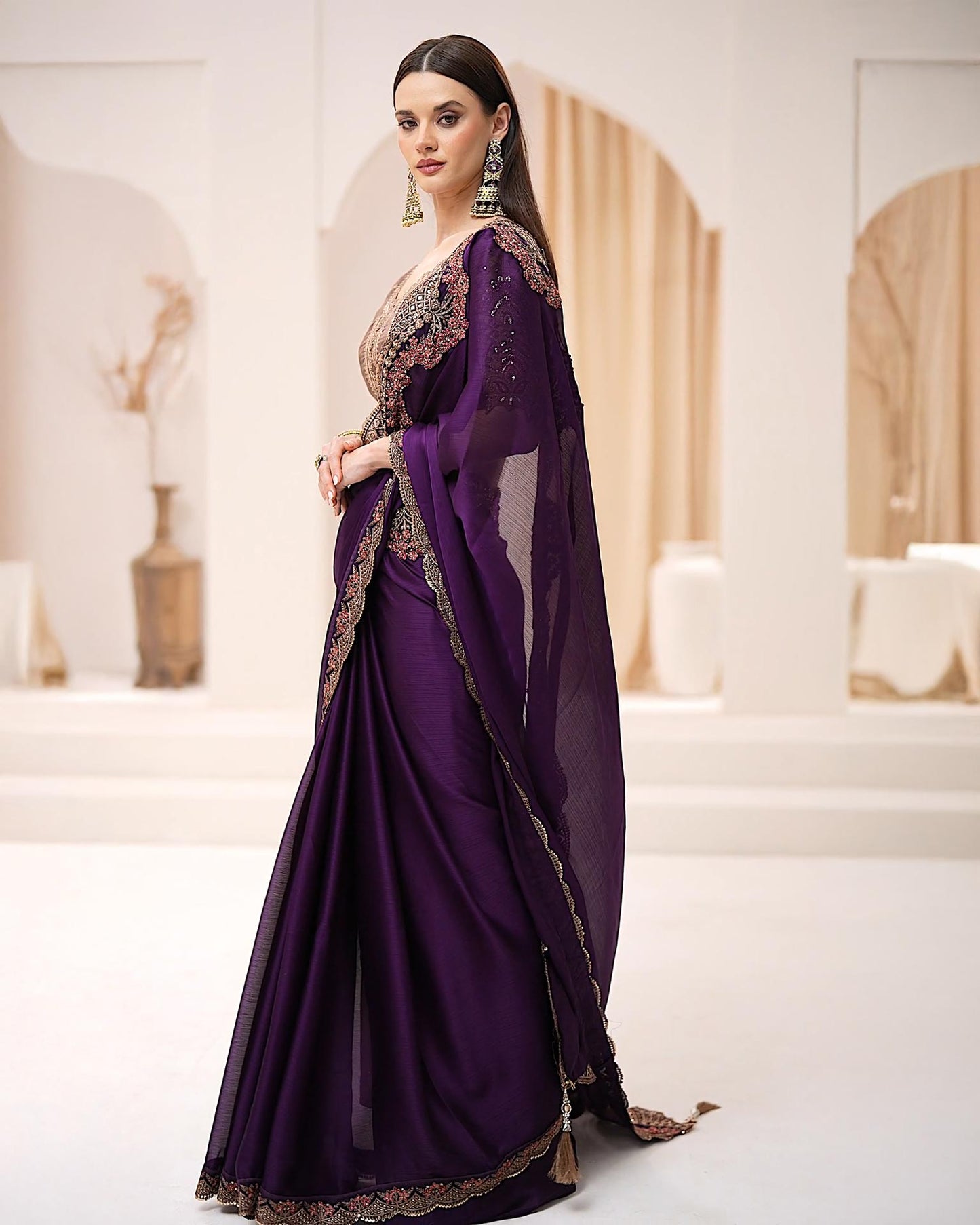 Midnight plum deep purple shimmer georgette party saree by Rinaz Bangladesh