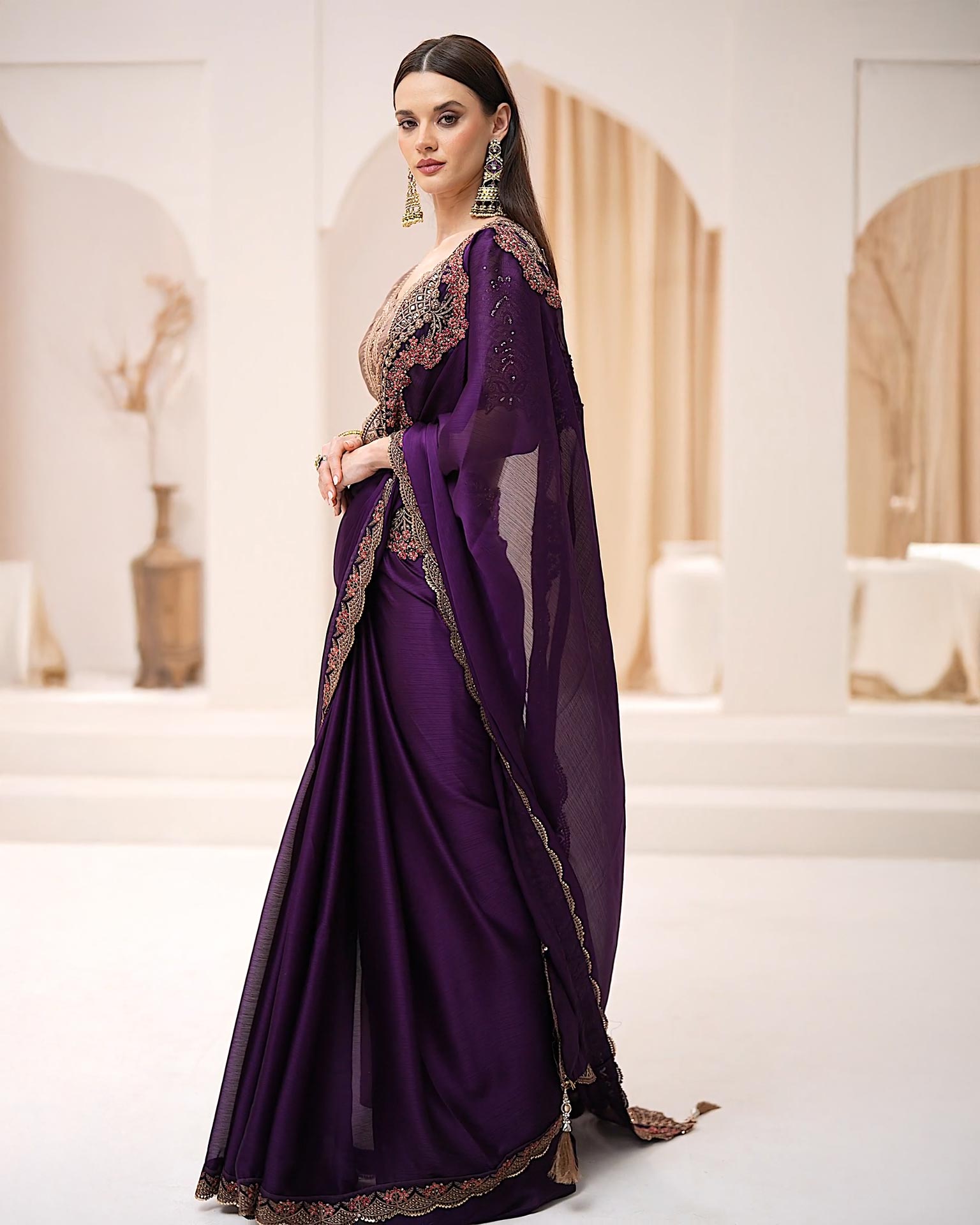 Midnight plum deep purple shimmer georgette party saree by Rinaz Bangladesh