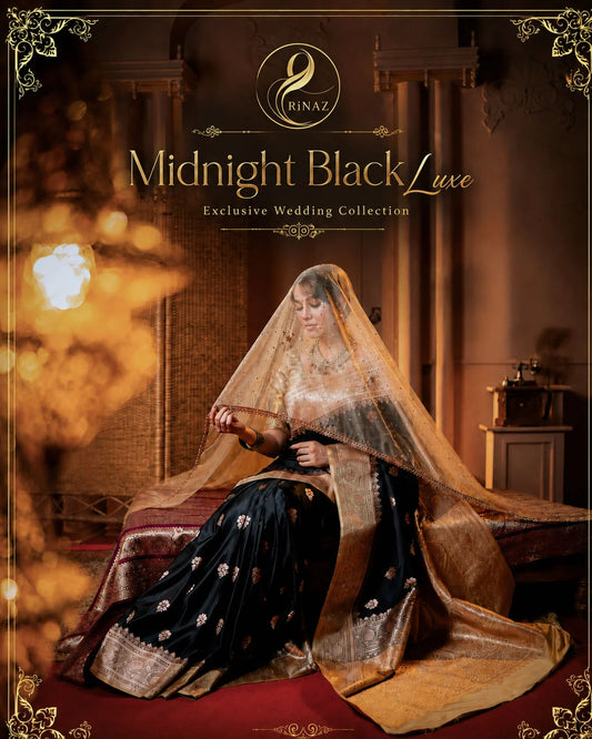 Midnight Black Luxe Mashru Silk bridal saree with intricate embroidery by Rinaz Bangladesh