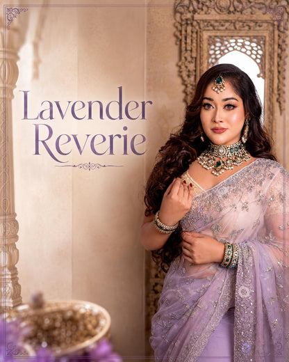 Lavender Reverie soft lavender Sopura Muslin bridal saree with full hand karchupi by Rinaz