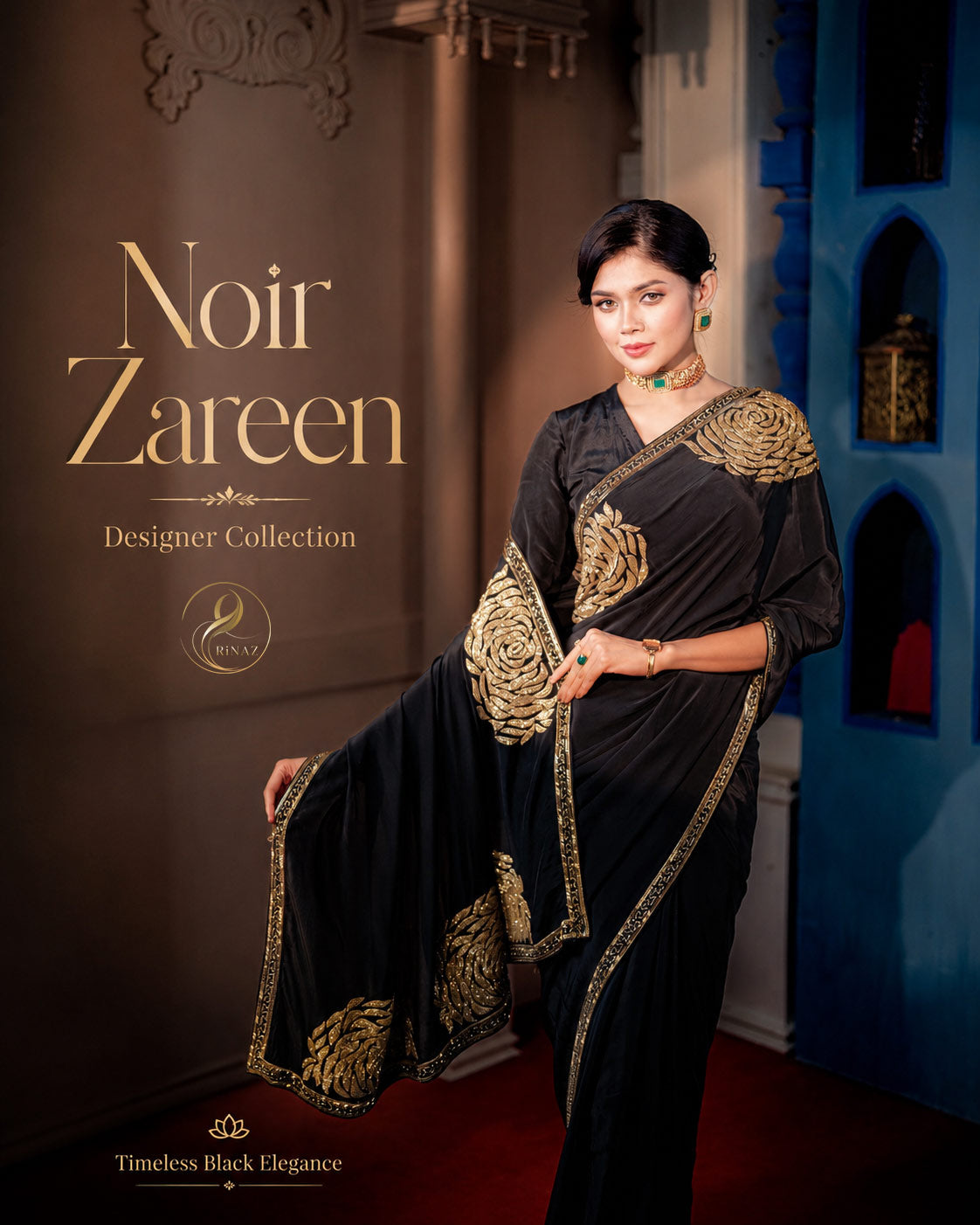 Noir Zareen black Charmeuse Silk bridal saree with full hand karchupi and antique gold by Rinaz