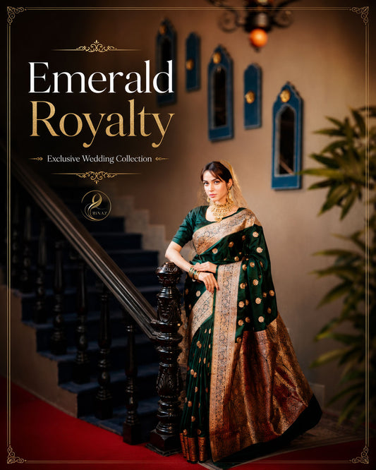 Emerald Royalty deep green silk jacquard bridal saree with golden zari and Swarovski stones by Rinaz