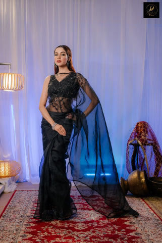 Black Muslin with Handwork – full look, Sopura Muslin saree by Rinaz