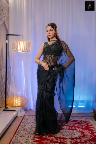Black Muslin saree styling – perfect for party and reception