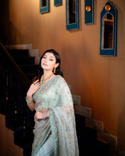 Mint Mehr mint karchupi saree with matching blouse by Rinaz Bangladesh