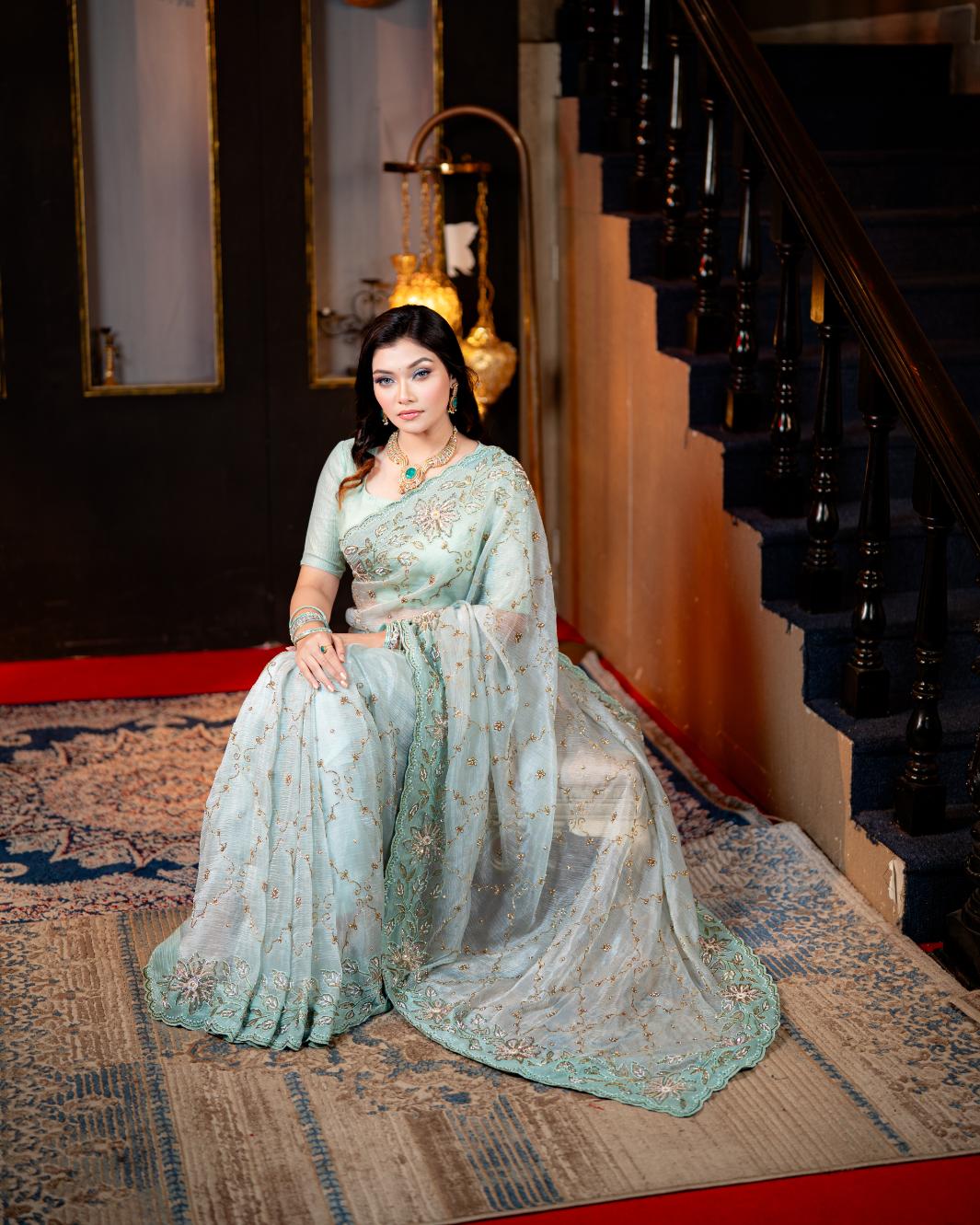 Mint Mehr exclusive hand karchupi sequin embroidery detail by Rinaz