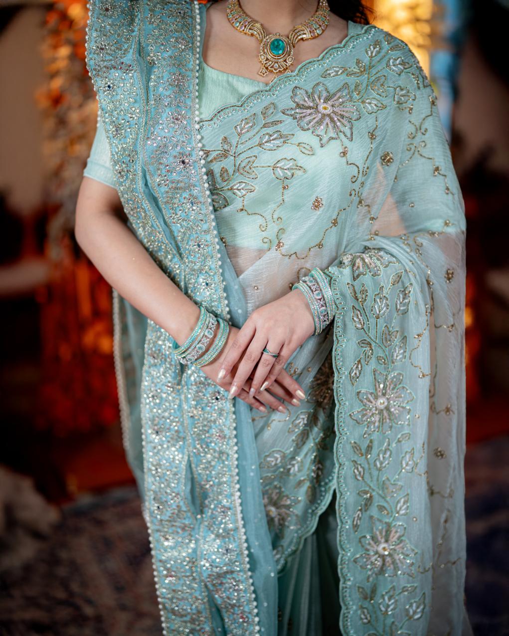 Mint Mehr soft mint green designer saree drape detail by Rinaz