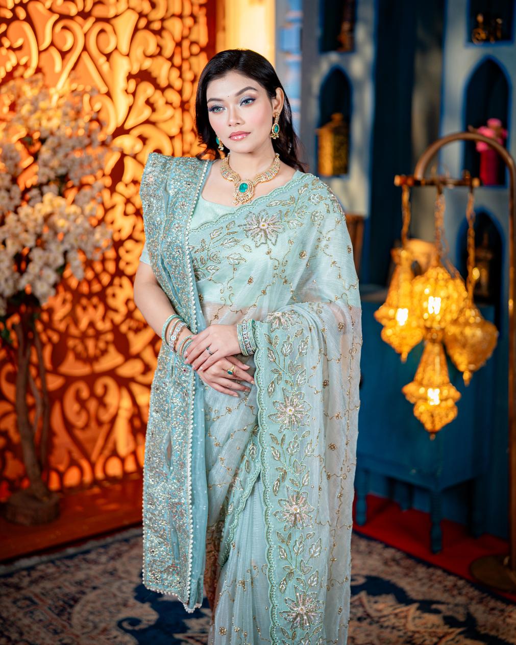 Mint Mehr crepe georgette saree with stone and pearl work close up by Rinaz