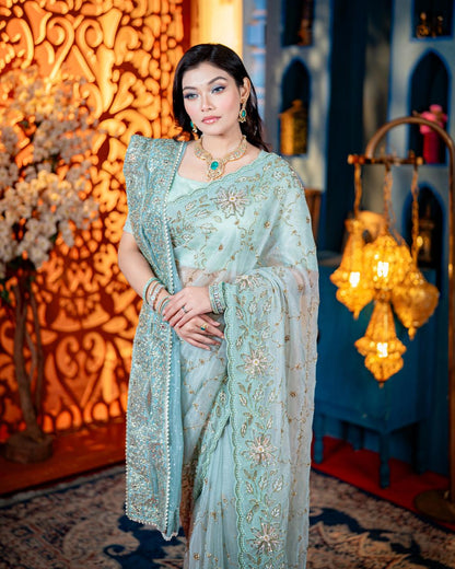 Mint Mehr crepe georgette saree with stone and pearl work close up by Rinaz