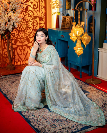 Mint Mehr luxury mint green party saree for reception and engagement by Rinaz