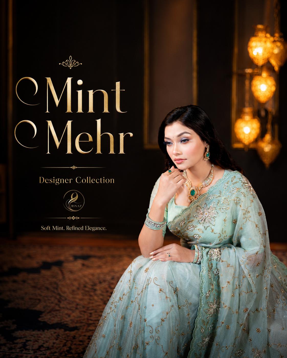 Mint Mehr soft mint green crepe georgette saree with hand karchupi by Rinaz