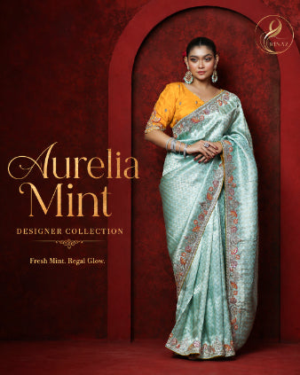 Aurelia Mint aqua mint Banarasi saree with mustard gold blouse – Rinaz