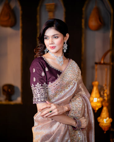 Champagne Golden Saree with Deep Plum Blouse – Minakari Embroidery Detail