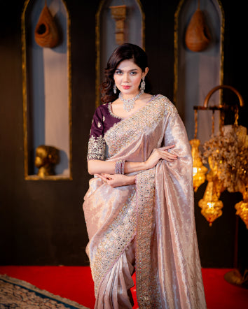 Rinaz Champagne Rose Saree – Mirror Work & Minakari Detailing
