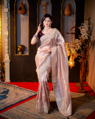 Champagne Rose Saree – Embroidery & Sequin Work Close-up