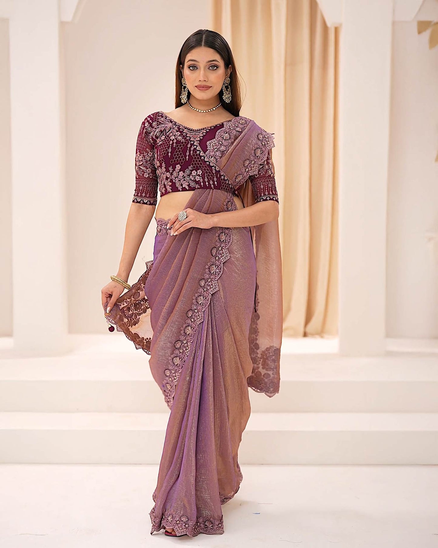 Rosewood mauve crepe georgette party saree with soft shimmer by Rinaz Bangladesh