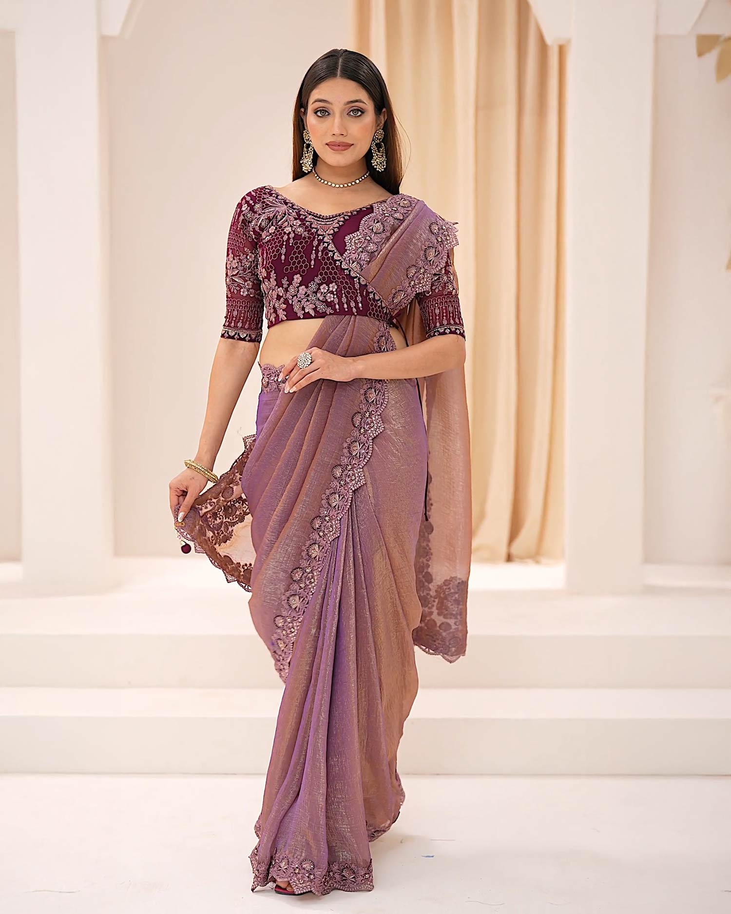 Rosewood mauve crepe georgette party saree with soft shimmer by Rinaz Bangladesh