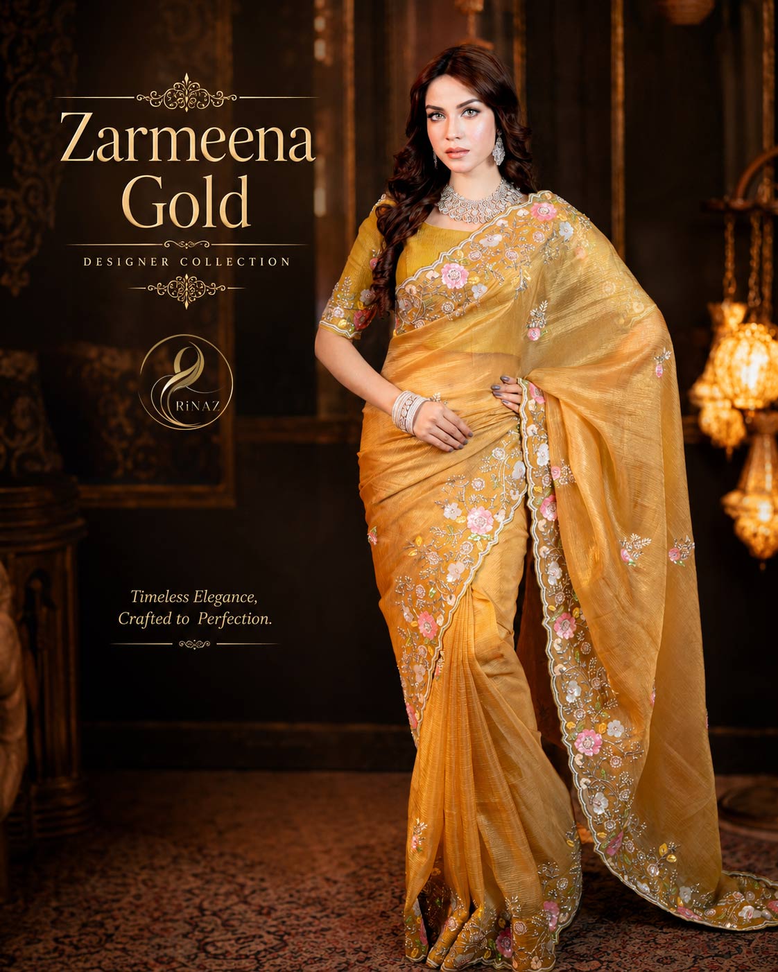 Zarmeena Gold antique mustard shimmer crepe georgette saree with full hand karchupi by Rinaz