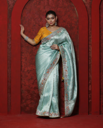 Aurelia Mint saree full look – hand karchupi embroidery detail