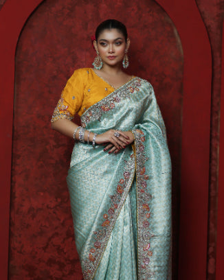 Aurelia Mint saree – Rinaz exclusive hand embroidered Banarasi