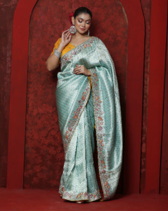 Aurelia Mint full saree set – aqua mint with gold blouse by Rinaz