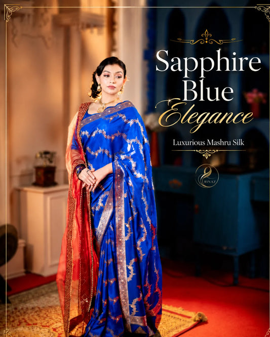 Sapphire Blue Elegance Mashru Silk bridal saree with Swarovski stones and zari work by Rinaz