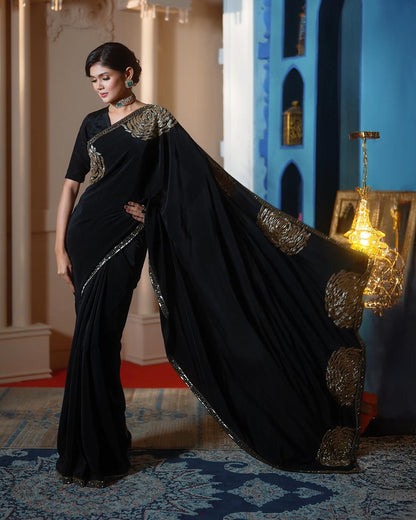 Noir Zareen black silk wedding saree with matching blouse by Rinaz