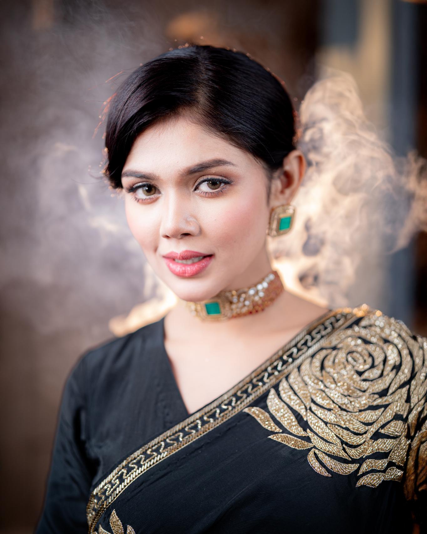 Noir Zareen black karchupi bridal saree front view by Rinaz Bangladesh