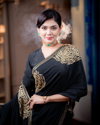 Noir Zareen luxury black silk saree with antique gold detailing by Rinaz
