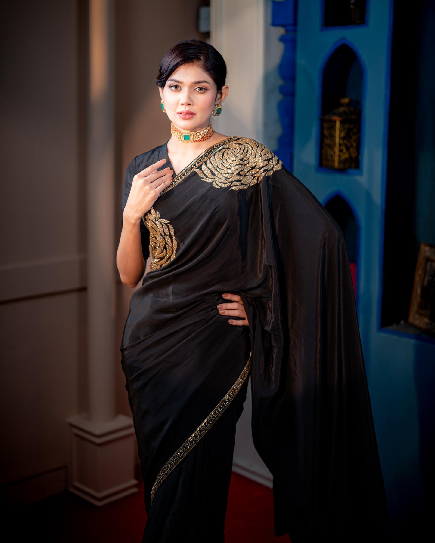 Noir Zareen black Charmeuse Silk saree drape detail by Rinaz