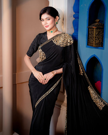 Noir Zareen full hand karchupi black bridal saree by Rinaz Bangladesh