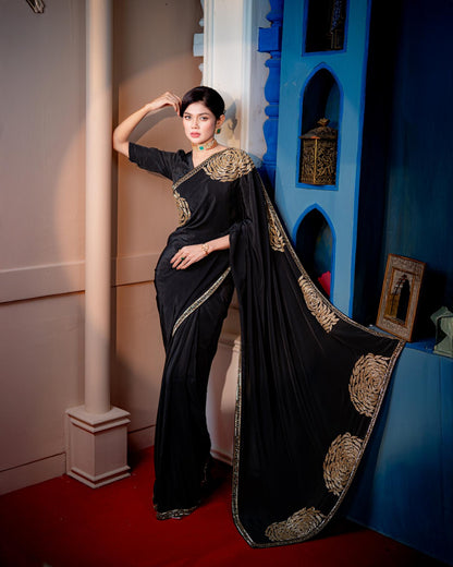 Noir Zareen deep black silk saree with katdana embellishment close up by Rinaz