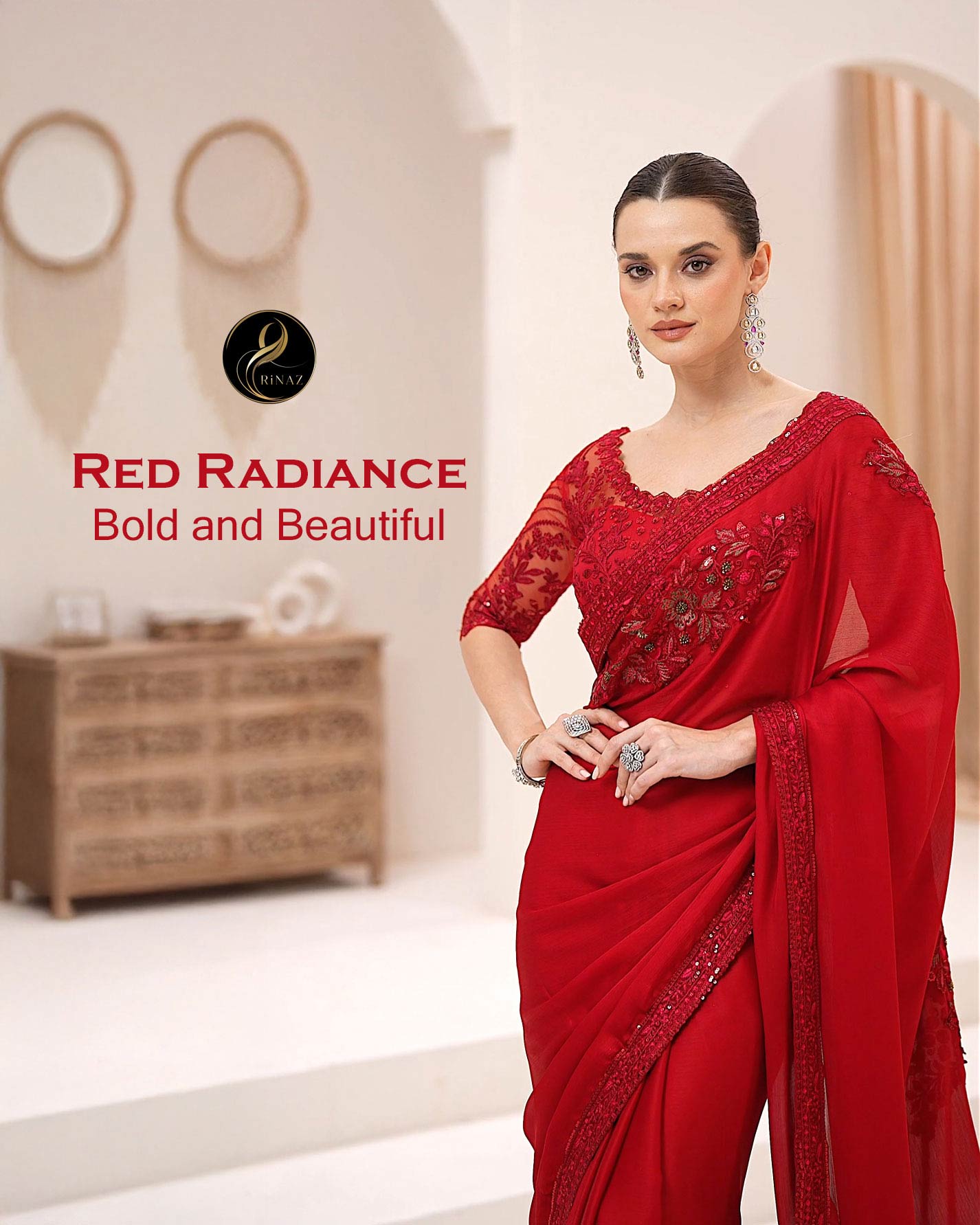The Red Radiance bold crimson shimmer georgette party saree by Rinaz Bangladesh