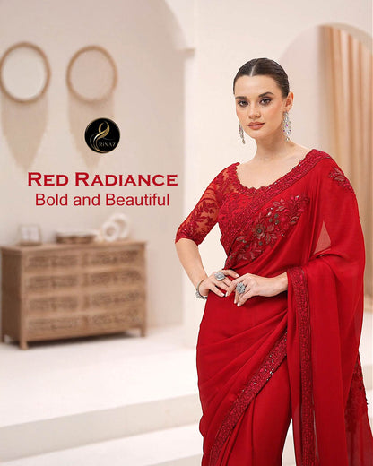 The Red Radiance bold crimson shimmer georgette party saree by Rinaz Bangladesh