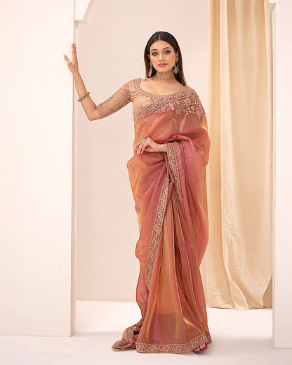 Amber Blush saree full drape with golden zari embroidery