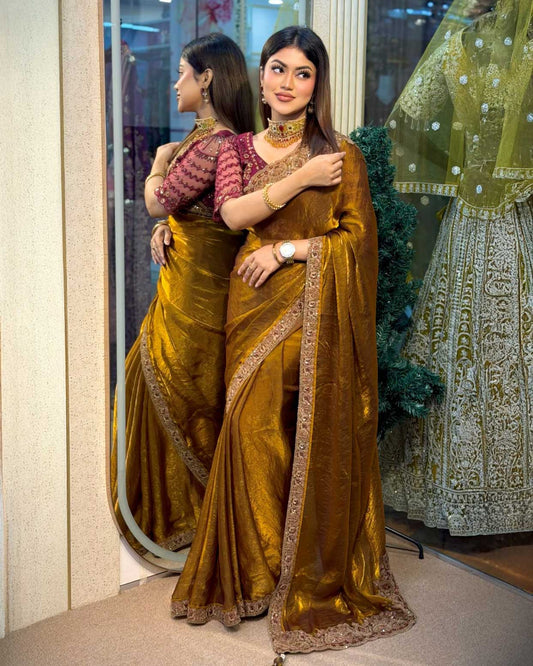 Antique bronze silky georgette designer saree with royal shine and embroidery by Rinaz
