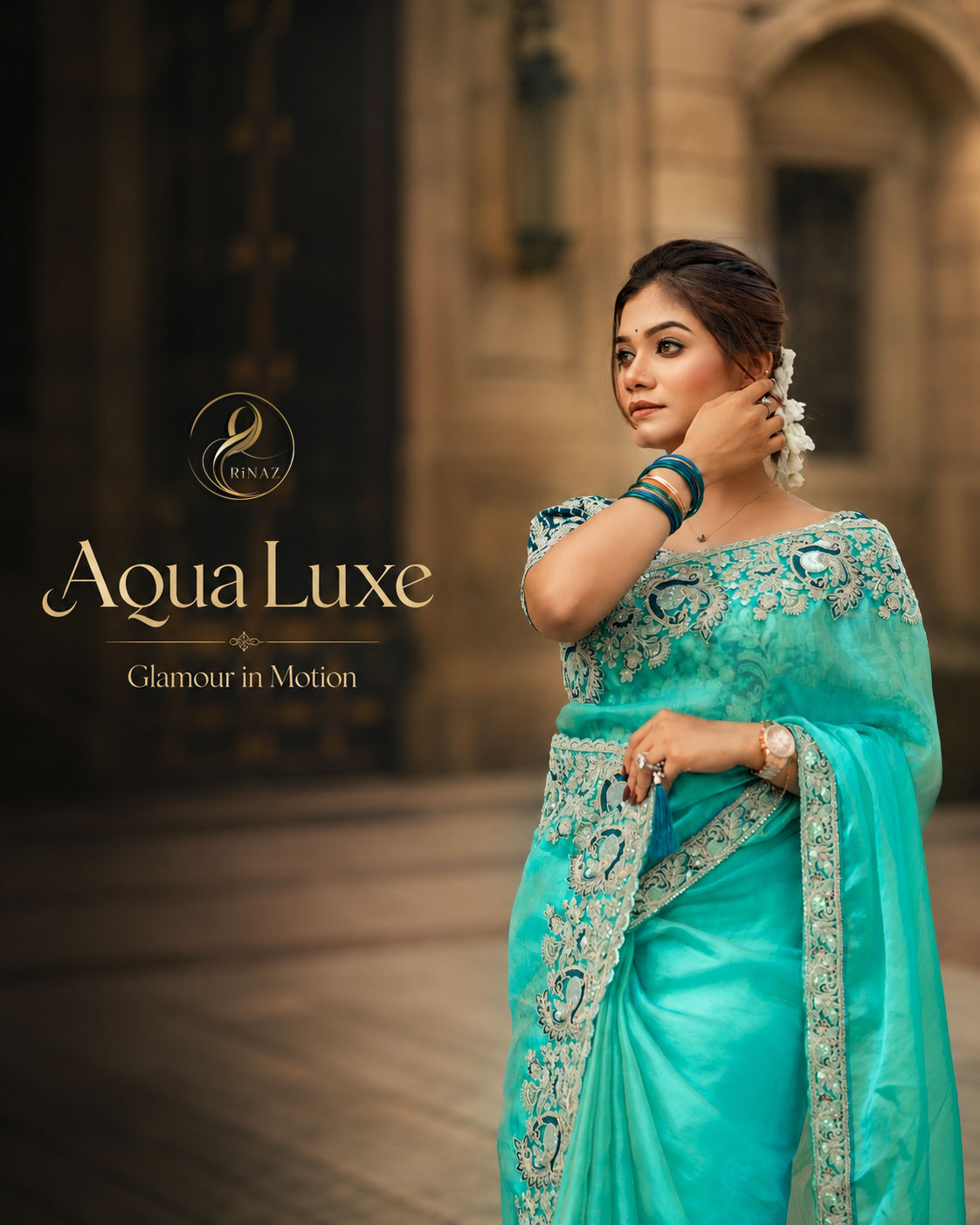 The Turquoise Tide aqua sea green shimmer georgette party saree by Rinaz
