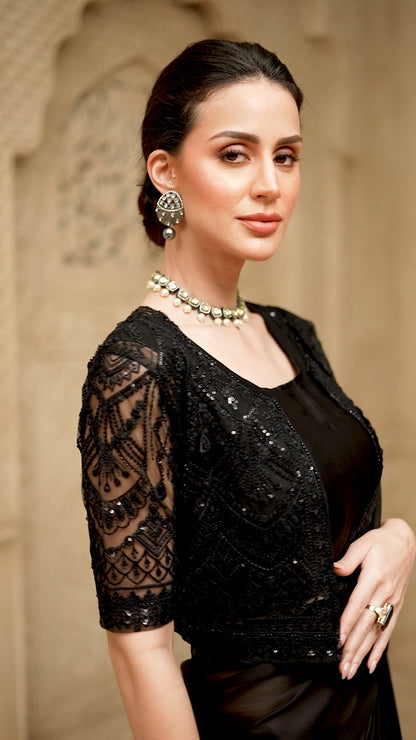 Black koti style silk georgette party saree with designer blouse by Rinaz