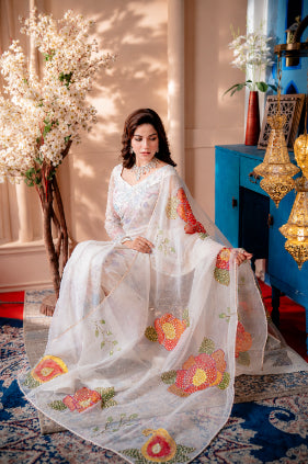 Detailed view of stone and pearl embellishments on Nooréline saree border