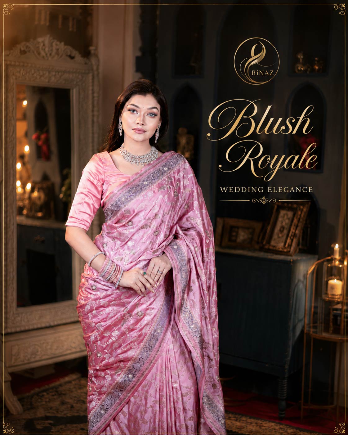 Blush Pink Royale baby pink Mashru Silk bridal saree with golden zari and Swarovski stones by Rinaz