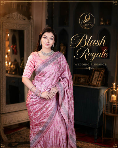 Blush Pink Royale baby pink Mashru Silk bridal saree with golden zari and Swarovski stones by Rinaz