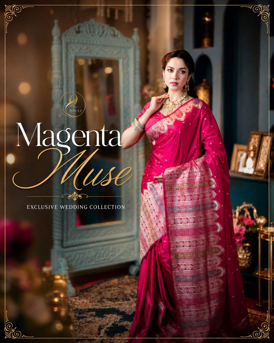 Magenta Muse royal pink Mashru Silk bridal saree with golden motifs and stone work by Rinaz