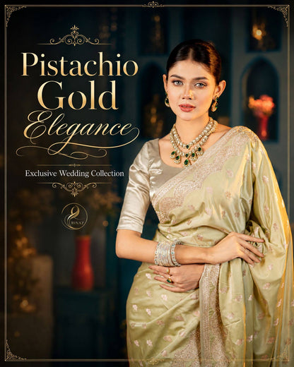 Pistachio Gold Elegance rare Mashru Silk bridal saree with Swarovski stones and champagne accents by Rinaz