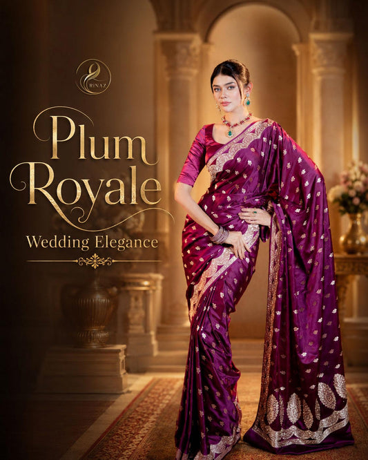 The Plum Royale royal plum Mashru Silk bridal saree with golden zari and Swarovski stones by Rinaz