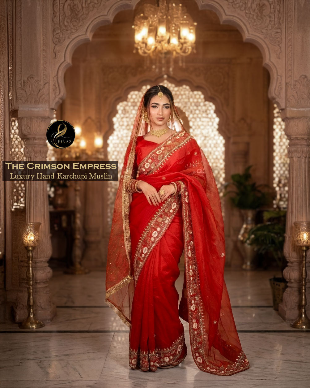 Crimson Empress bridal Sopura Muslin saree with karchupi and stone work by Rinaz