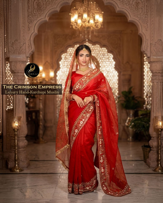 Crimson Empress bridal Sopura Muslin saree with karchupi and stone work by Rinaz
